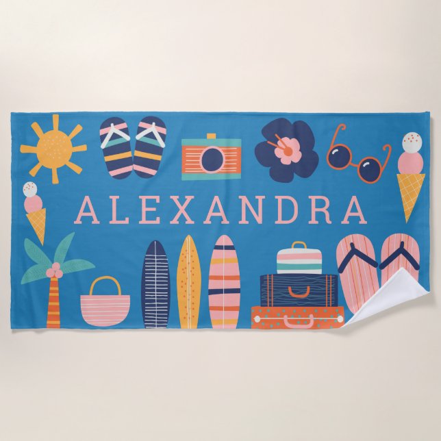 Summer Travel Theme Cute Blue Personalised  Beach Towel (Front)