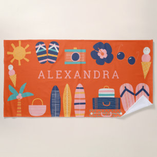 Summer Travel Theme Cute Orange Personalised  Beach Towel