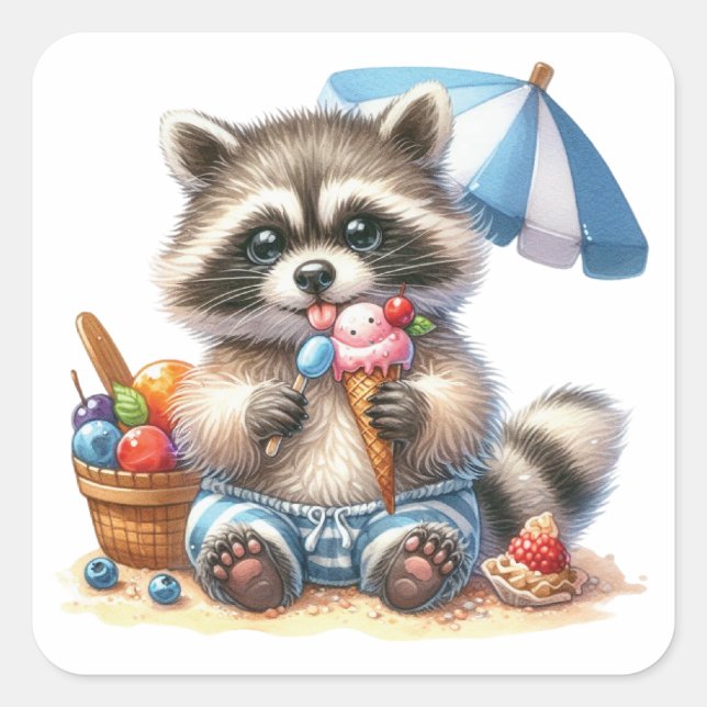 Summer Treats Racoon Square Sticker (Front)