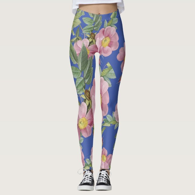 Summer trendy floral pattern boho blue pink modern leggings (Front)