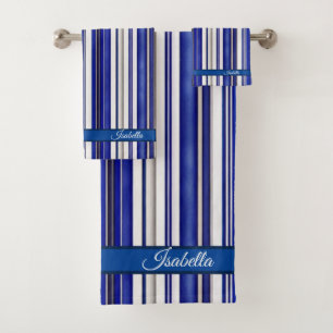 Summer Trendy Navy Blue Boat Stripes Collection Bath Towel Set