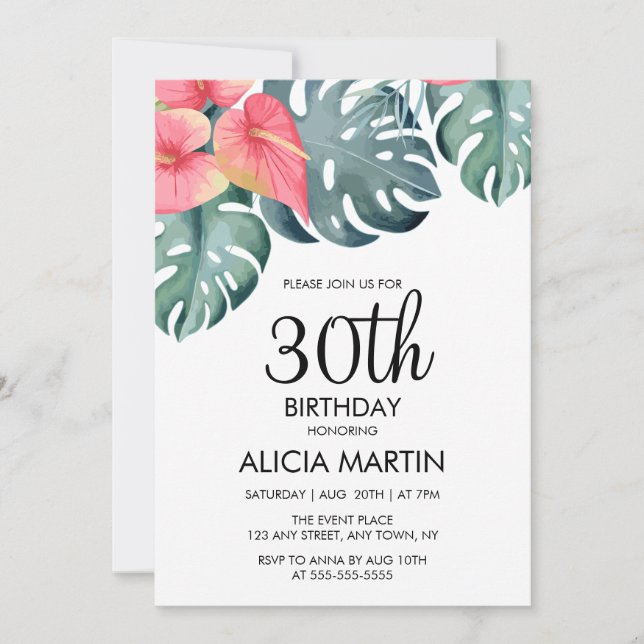 Summer Tropical Anthurium & Monstera Birthday Invitation (Front)