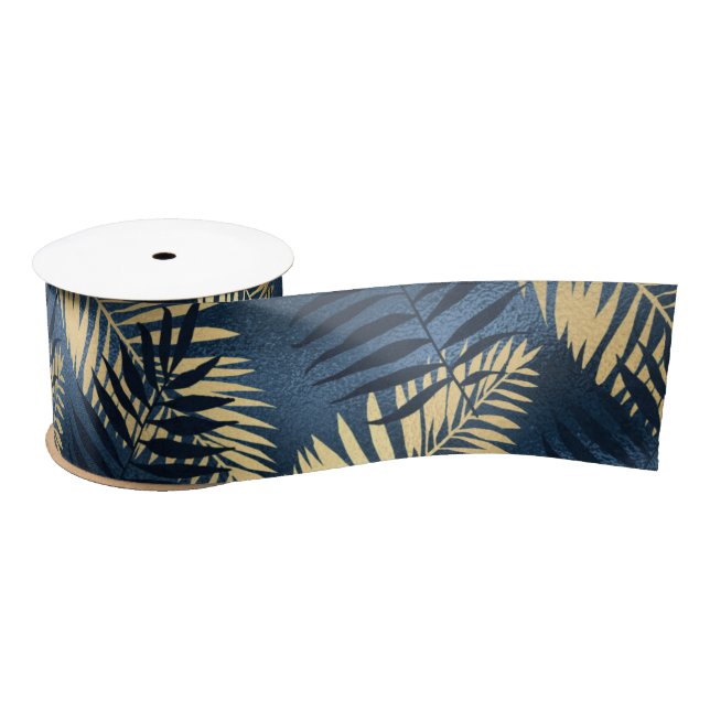 Summer Tropical Blue Palm Leaves Pattern Satin Ribbon (Spool)