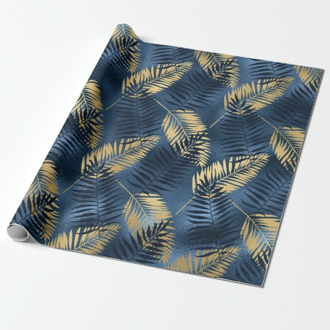 Summer Tropical Blue Palm Leaves Pattern Wrapping Paper (Unrolled)