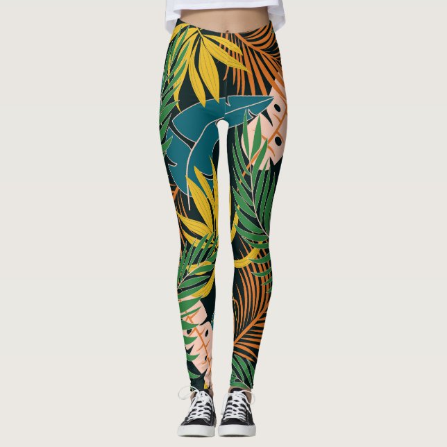 Summer Tropical Bright Plants Pattern Leggings (Front)
