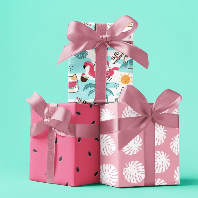 Summer tropical cats pastel pink set of 3 wrapping paper sheet (Summer tropical cats pastel pink set of 3 wrapping paper sheet)