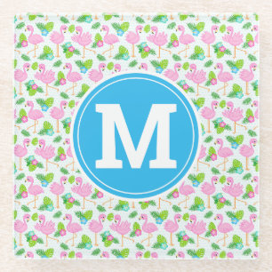 Summer Tropical Flamingo and Floral Pattern Glass Coaster