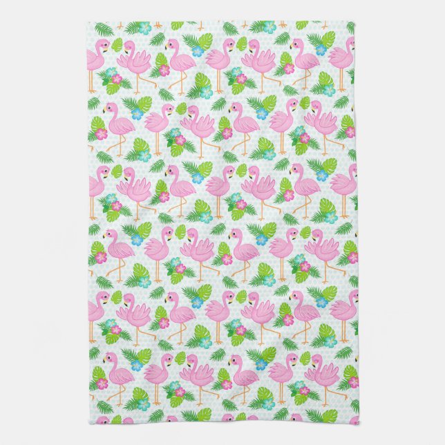 Summer Tropical Flamingo and Floral  Pattern Tea Towel (Vertical)