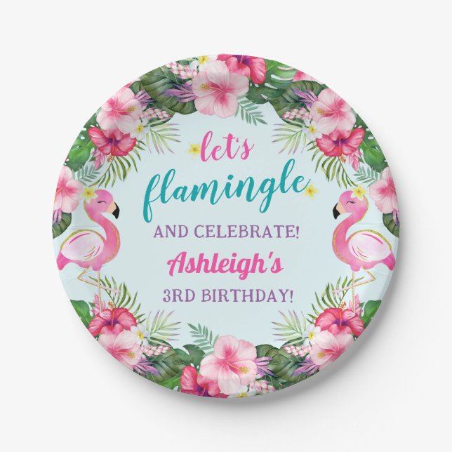 Summer Tropical Flamingo Birthday  Paper Plate (Front)