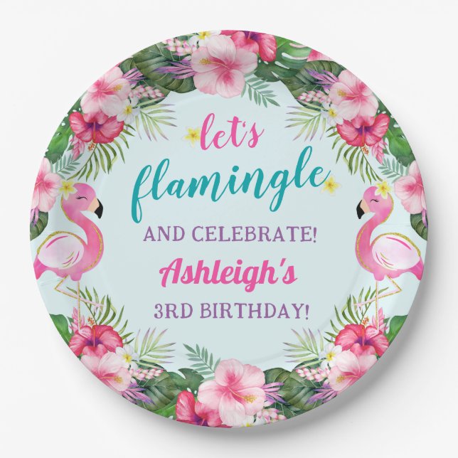 Summer Tropical Flamingo Birthday  Paper Plate (Front)