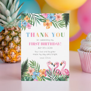 Summer Tropical Flamingo Kids First 1st Birthday Thank You Card