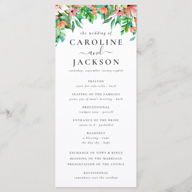 Summer Tropical Floral Wedding Program Menu (Front)