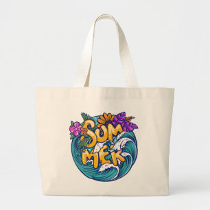 Summer Tropical Flowers Beach Ocean Waves  Large Tote Bag