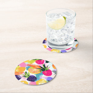 Summer Tropical Fruit Fiesta Round Paper Coaster