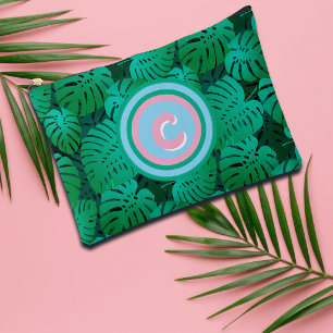Summer Tropical Green Leaves Monogram Accessory Pouch