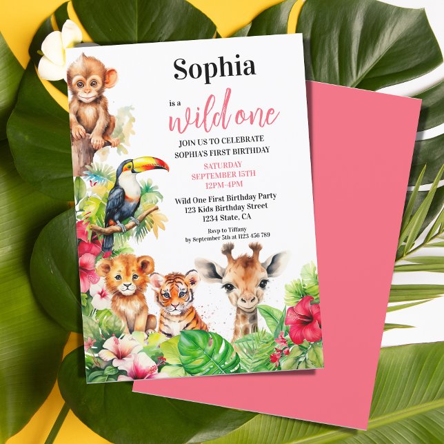 Summer Tropical Jungle Hibiscus Wild One Birthday Invitation (wild one first birthday tropical cute animals
)