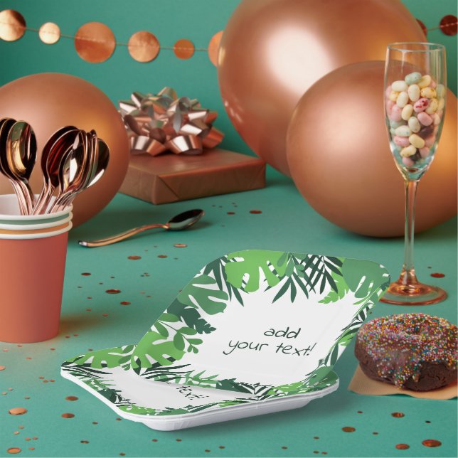 summer tropical jungle leaves custom text paper plate (Multi)