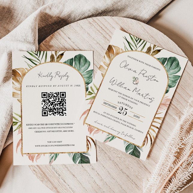 Summer Tropical Leaves Arch QR Code RSVP Wedding Invitation (Summer Tropical Leaves Arch QR Code RSVP Wedding Invitation)