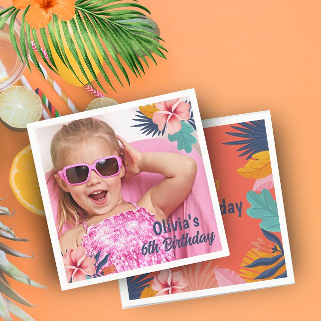 Summer tropical luau Girl pool birthday photo Napkin (Creator Uploaded)
