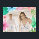 Summer tropical modern photo wedding save date announcement postcard<br><div class="desc">Modern watercolor wedding save the date colourful blush pink, green, teal blue tropical floral wedding save the date postcard with a modern typography script, and with your photo. Perfect for a destination summer Hawaiian themed aloha beach, seaside, oceanfront, coastal, tropical, nautical themed wedding. Easy to personalise with your photo and...</div>