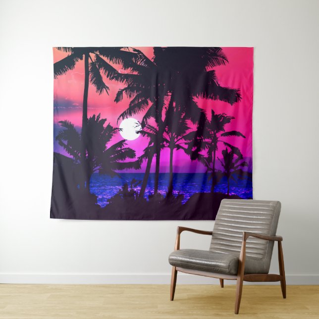 Summer Tropical Neon Pink Blue Palm Trees Sunset Tapestry (In Situ (Horizontal))