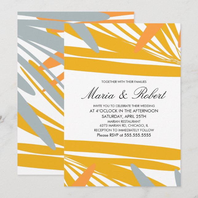 Summer Tropical Palm Abstract Yellow Grey Wedding Invitation (Front/Back)