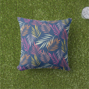 Summer Tropical Palm leaves on Blue  Cushion