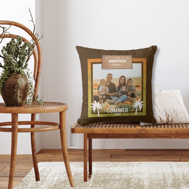 Summer Tropical Photo Frame Vacation Palm Trees Cushion (Personalized Family Photo With Names Summer Theme Tropical Palm Trees and Wood Sign)