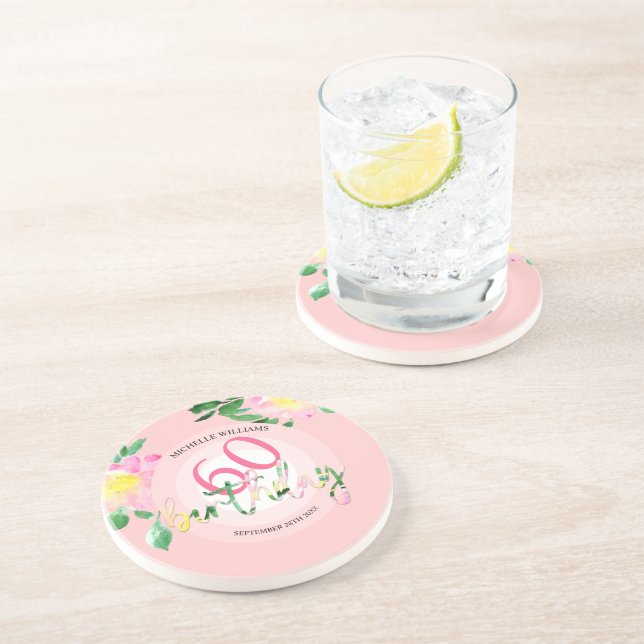 Summer Tropical  Pink Floral Watercolor Coaster (Side)