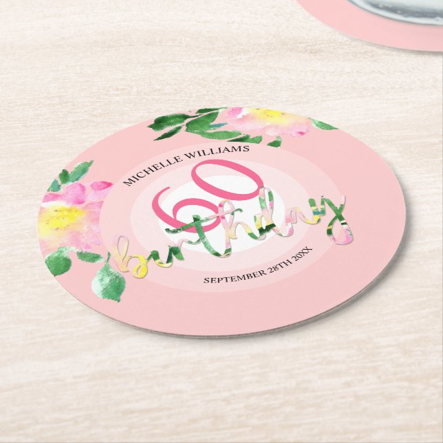 Summer Tropical  Pink Floral Watercolor Round Paper Coaster (Angled)