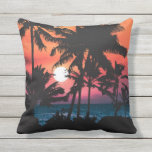 Summer Tropical Pink Orange Palm Trees Sunset Cushion<br><div class="desc">This tropical and cool design is perfect for the hot summer months. It features an artsy and modern neon pink, orange, and purple neon sunset with black palm tree silhouettes with a bright shining sun. It's beautiful, gorgeous, and picturesque! ***IMPORTANT DESIGN NOTE: For any custom design request such as matching...</div>