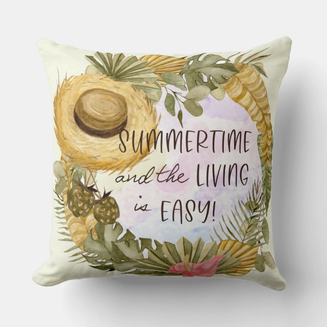 Summer Tropical Plants Straw Hat Cushion (Front)