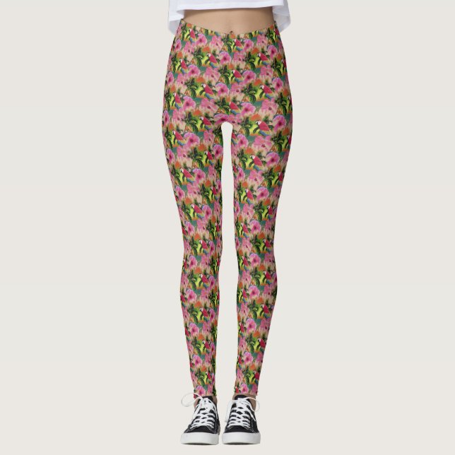 Summer Tropical Sunset Beach Parrot Leggings (Front)