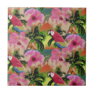 Summer Tropical Sunset Beach Parrot Tile