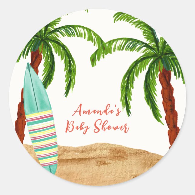 Summer Tropical Surf Baby On Board Baby Shower  Classic Round Sticker (Front)