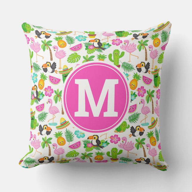 Summer Tropical Toucan and Flamingo Pattern Cushion (Front)