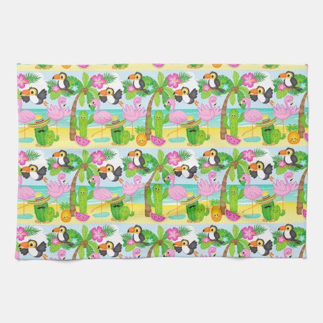 Summer Tropical Toucan and Flamingo Pattern Tea Towel (Horizontal)