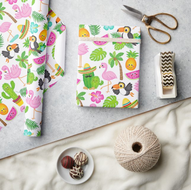 Summer Tropical Toucan and Flamingo Pattern Wrapping Paper (Crafts)