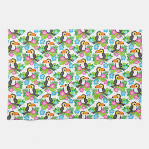 Summer Tropical Toucan and Floral Pattern Tea Towel