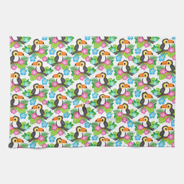 Summer Tropical Toucan and Floral  Pattern Tea Towel (Horizontal)