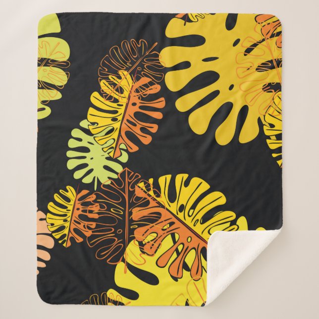 Summer tropical with exotic leaves pattern sherpa blanket (Front)