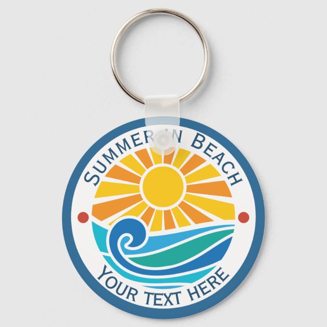 Summer Turquoise Beach Wave and Sun Retro Style Key Ring (Front)
