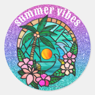 Summer vacation ocean beach at sunset classic round sticker