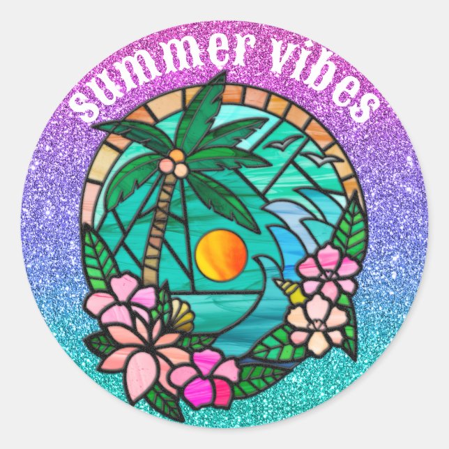 Summer vacation ocean beach at sunset classic round sticker (Front)