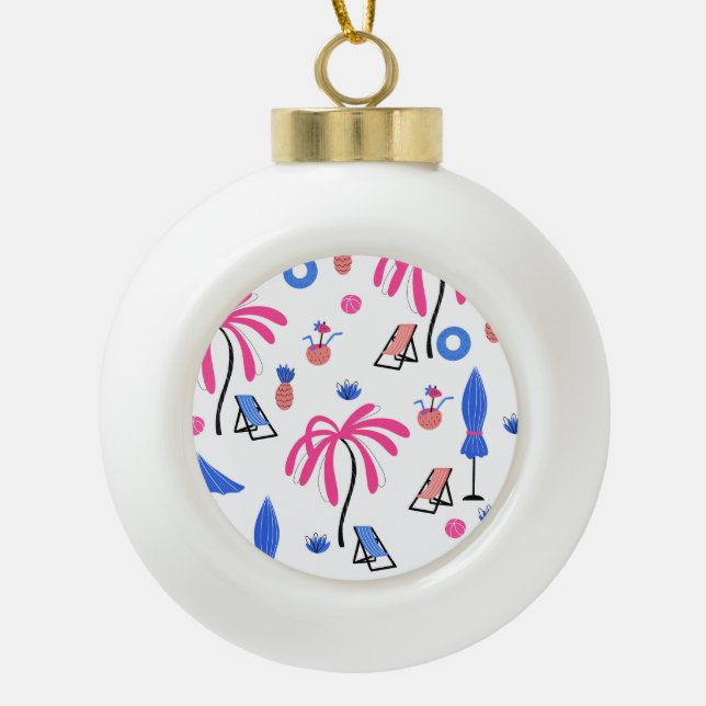 Summer Vacation: Palm Trees Pineapples Pattern Ceramic Ball Christmas Ornament (Front)