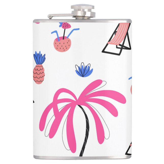 Summer Vacation: Palm Trees Pineapples Pattern Hip Flask (Front)