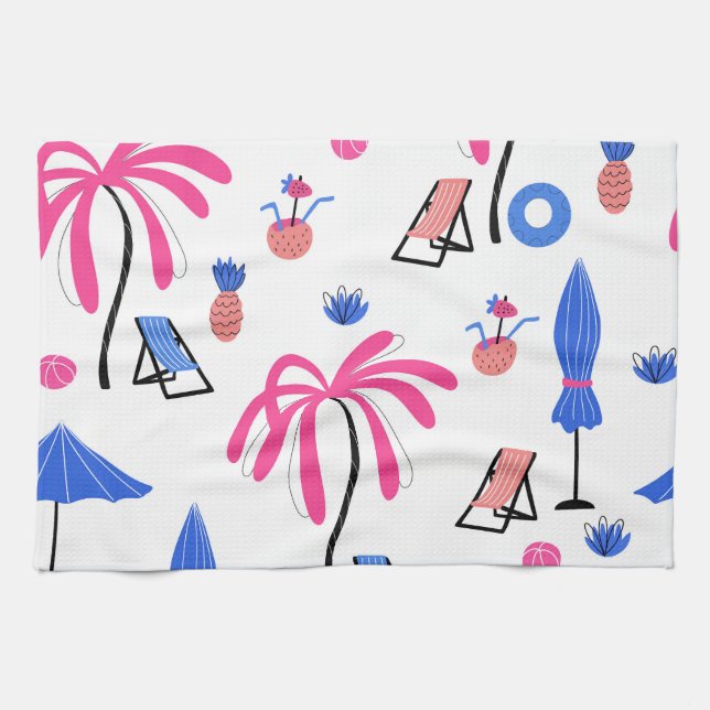 Summer Vacation: Palm Trees Pineapples Pattern Tea Towel (Horizontal)