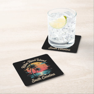 Summer Vacation Retro South Carolina Square Paper Coaster