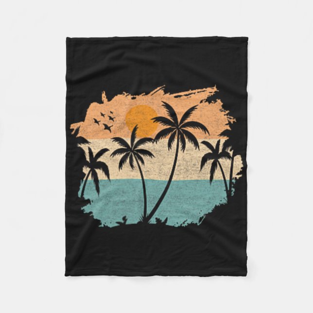 Summer Vacation Retro Sunset Beach Palms Tree Pock Fleece Blanket (Front)
