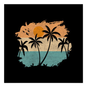 Summer Vacation Retro Sunset Beach Palms Tree Pock Poster